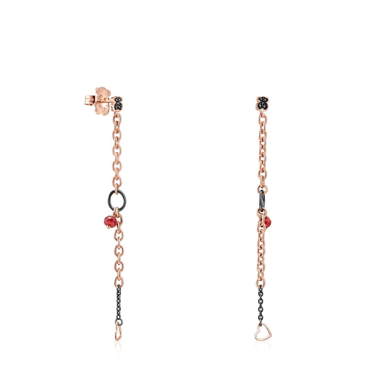 Tous - Brincos Compridos Motif Em Prata Dark Silver E Prata Vermeil Rosa Com Pedras Preciosas - Pink