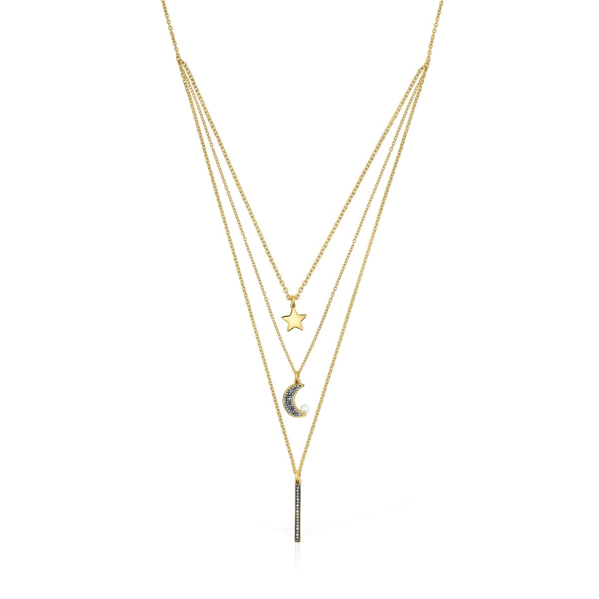 Tous - Colar Triplo Nocturne Em Prata Vermeil, Diamantes E Pérola - Golden