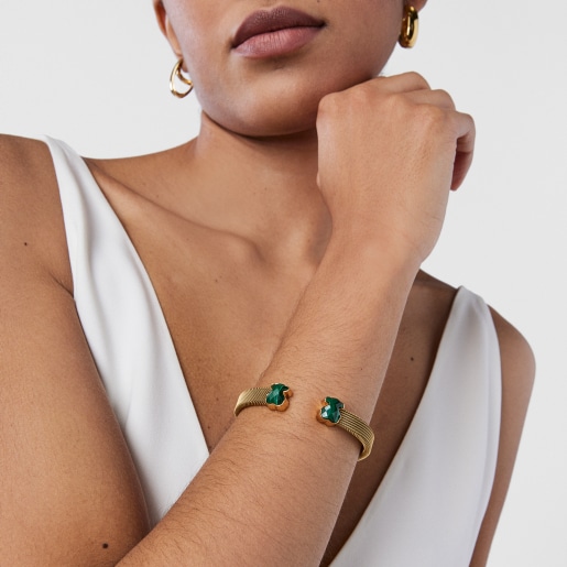 Gold-colored IP Steel Mesh Color Bracelet with Malachite