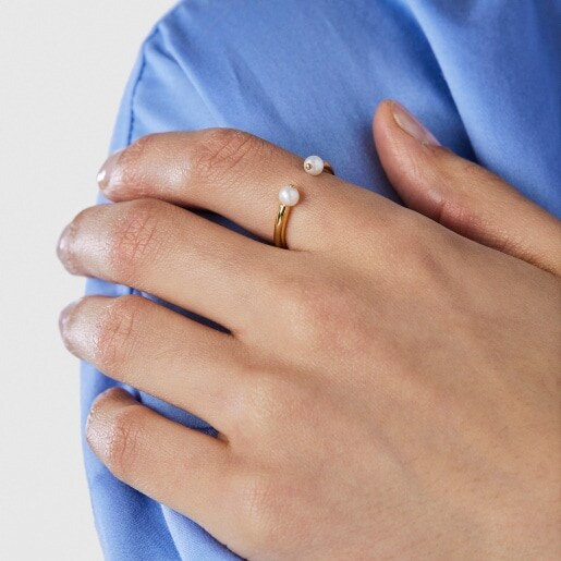 Anillo con baño de oro 18 kt sobre plata con perla Batala