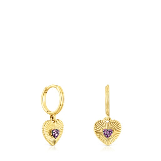 Boucles d'oreilles anneaux en argent vermeil cœur avec rhodolites Iris Motif