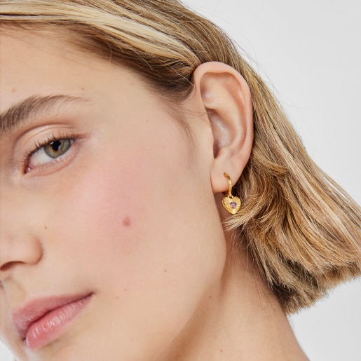 Aretes aro con baño de oro 18 kt sobre plata corazón con rodolitas Iris Motif