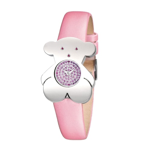 Steel Tousy Watch with pink sapphires and pink Satin strap image number 0