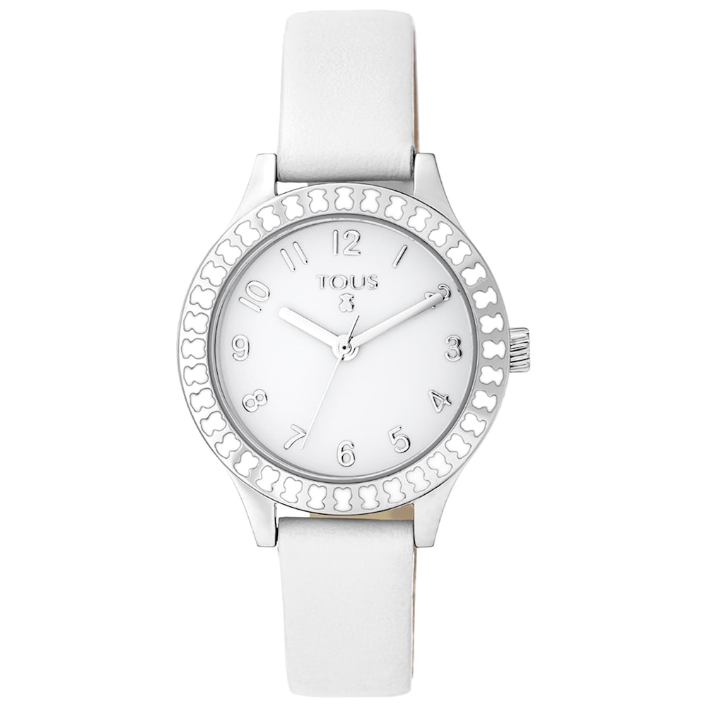 Reloj analógico Straight Kids de acero y bisel de osos con correa de piel blanca image number 0