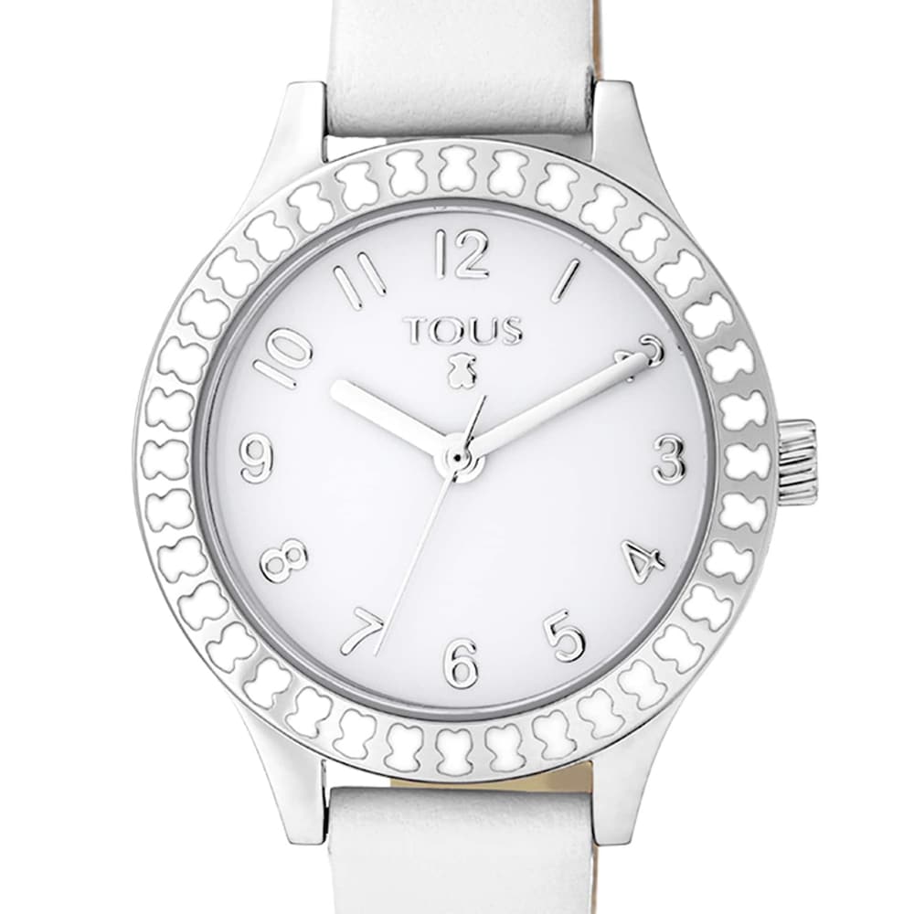 Reloj analógico Straight Kids de acero y bisel de osos con correa de piel blanca image number 2