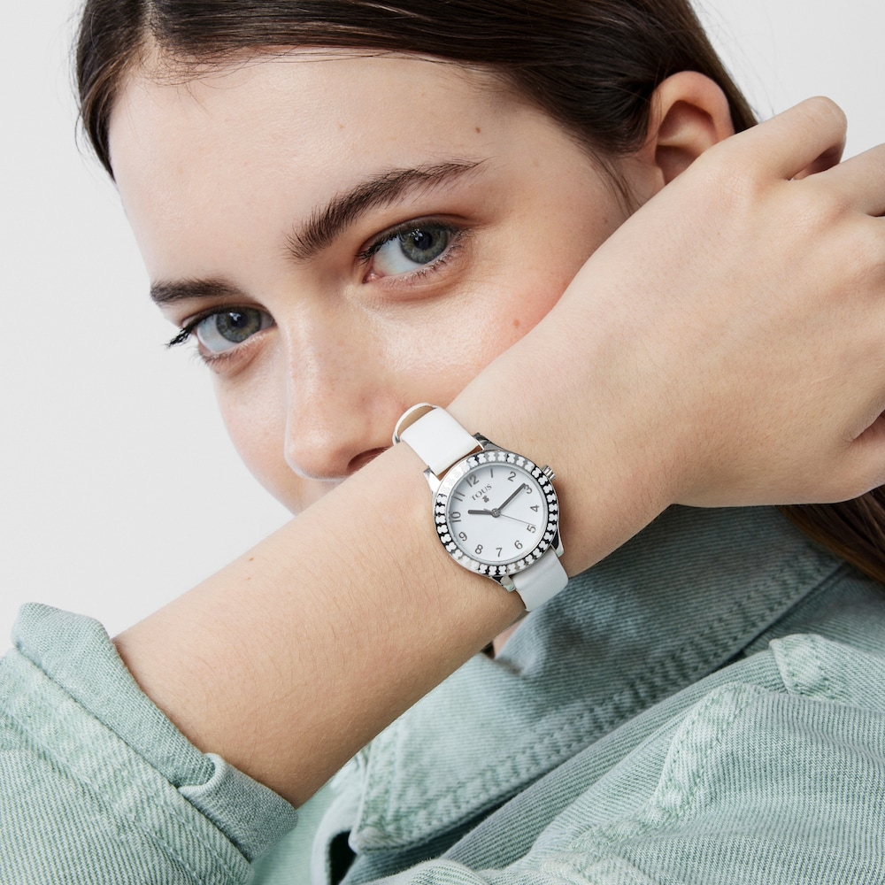 Reloj analógico Straight Kids de acero y bisel de osos con correa de piel blanca image number 5