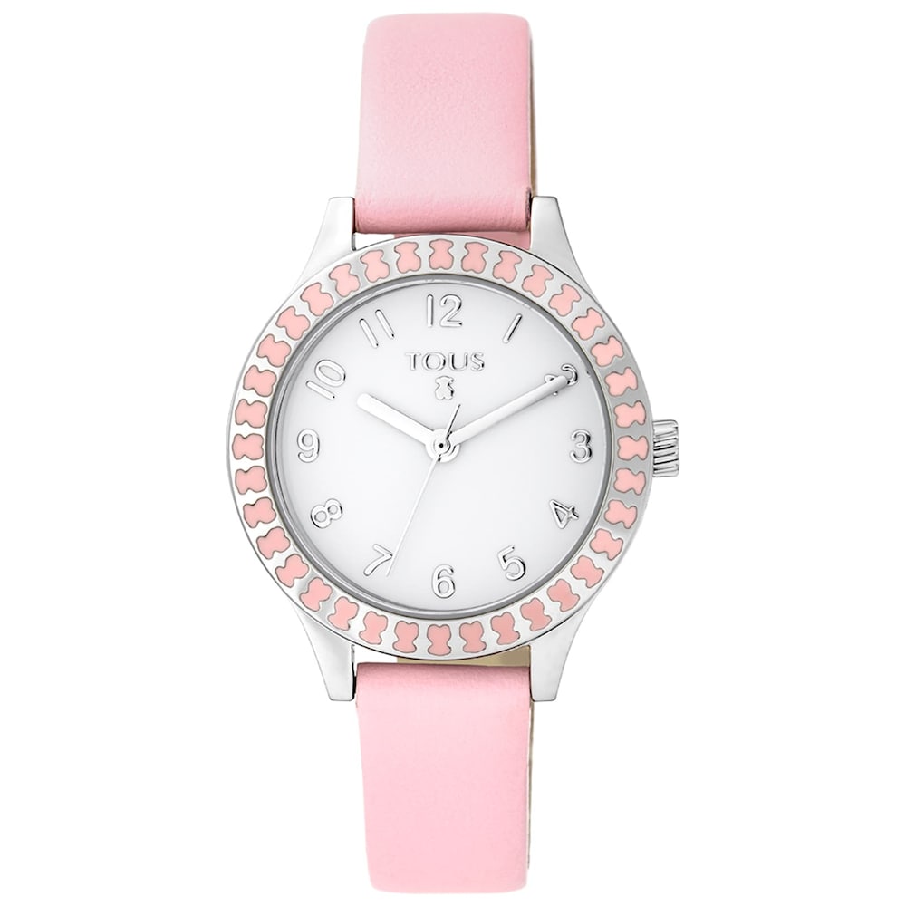 Steel Straight Kids Watch with bear bezel and pink Leather strap image number 0