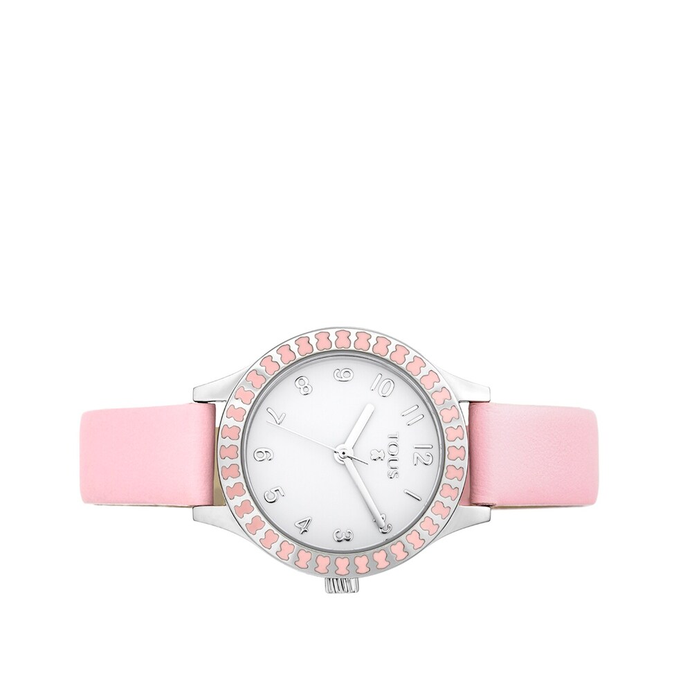 Steel Straight Kids Watch with bear bezel and pink Leather strap image number 1