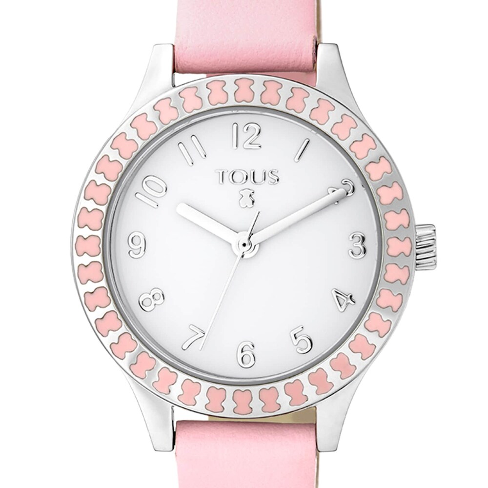 Steel Straight Kids Watch with bear bezel and pink Leather strap image number 2