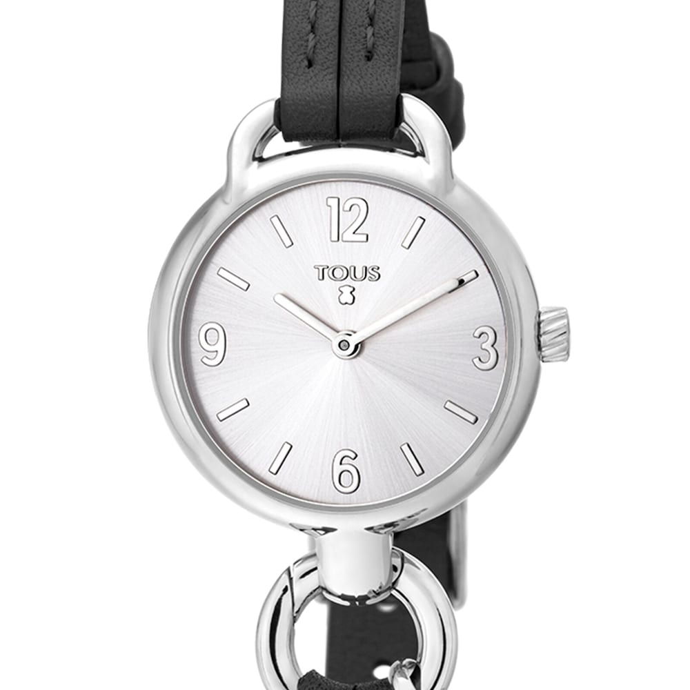 Reloj anal&oacute;gico Hold de acero con correa de piel negra