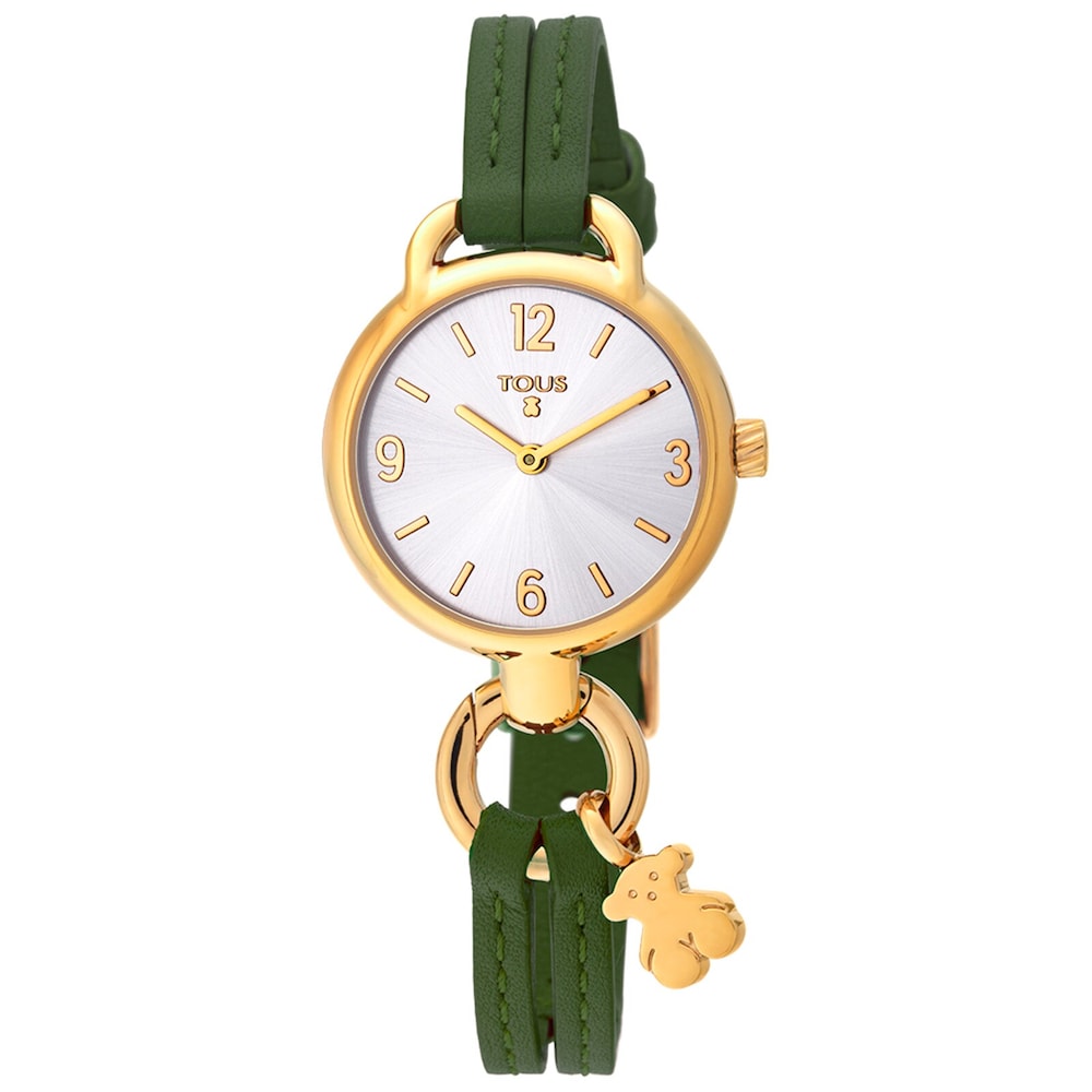 Gold-colored IP Steel Hold Watch with green Leather strap