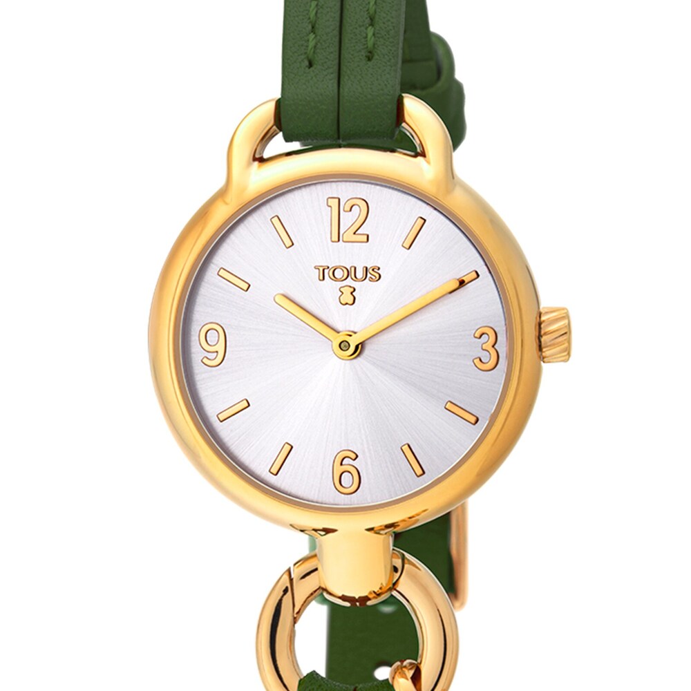 Gold-colored IP Steel Hold Watch with green Leather strap