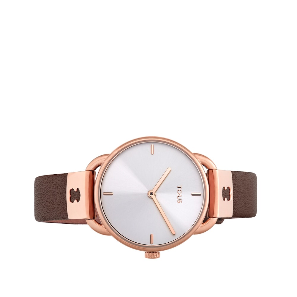 Reloj anal&oacute;gico Let Leather de acero IP rosado con correa de piel marr&oacute;n