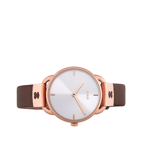 Montre Let Leather en acier IP ros&eacute; avec bracelet en cuir marron
