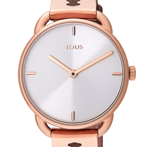 Montre Let Leather en acier IP ros&eacute; avec bracelet en cuir marron