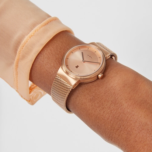 Reloj analógico Rond Mesh de acero IP rosado