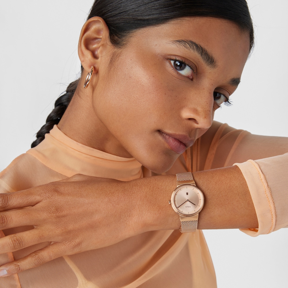 Reloj anal&oacute;gico Rond Mesh de acero IP rosado