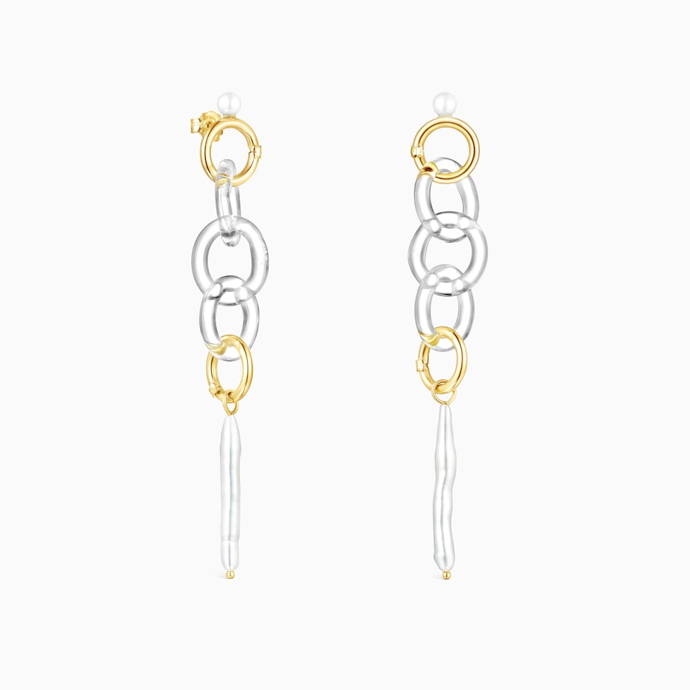 Aretes largos Luz de oro con cristal y perla