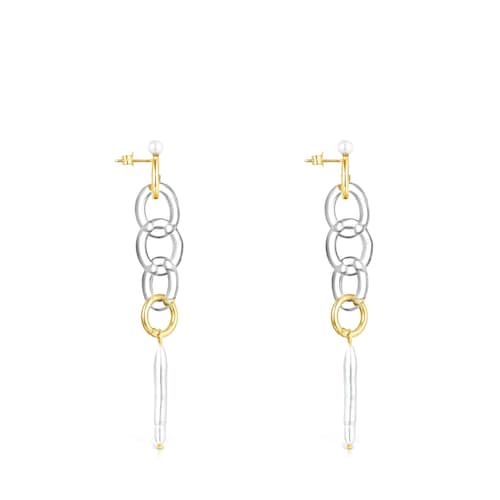 Pendientes largos de oro con cristal y perla Luz