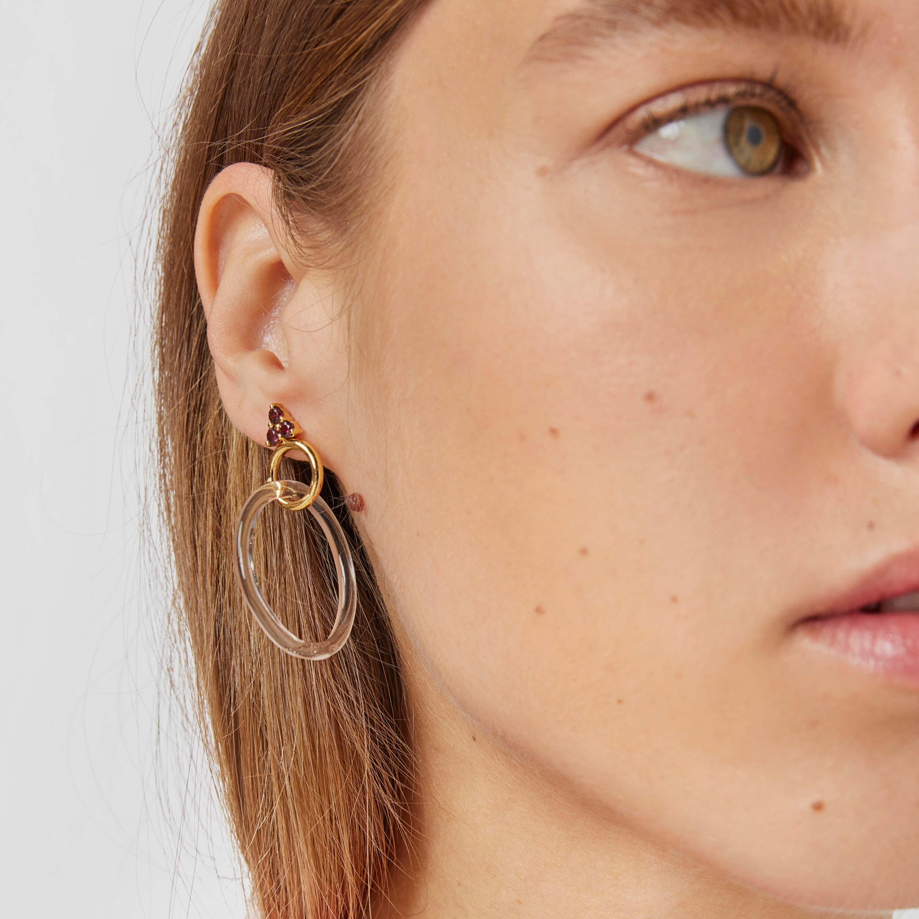 18K Solid Gold Luz Earrings with Rhodolite and Crystal