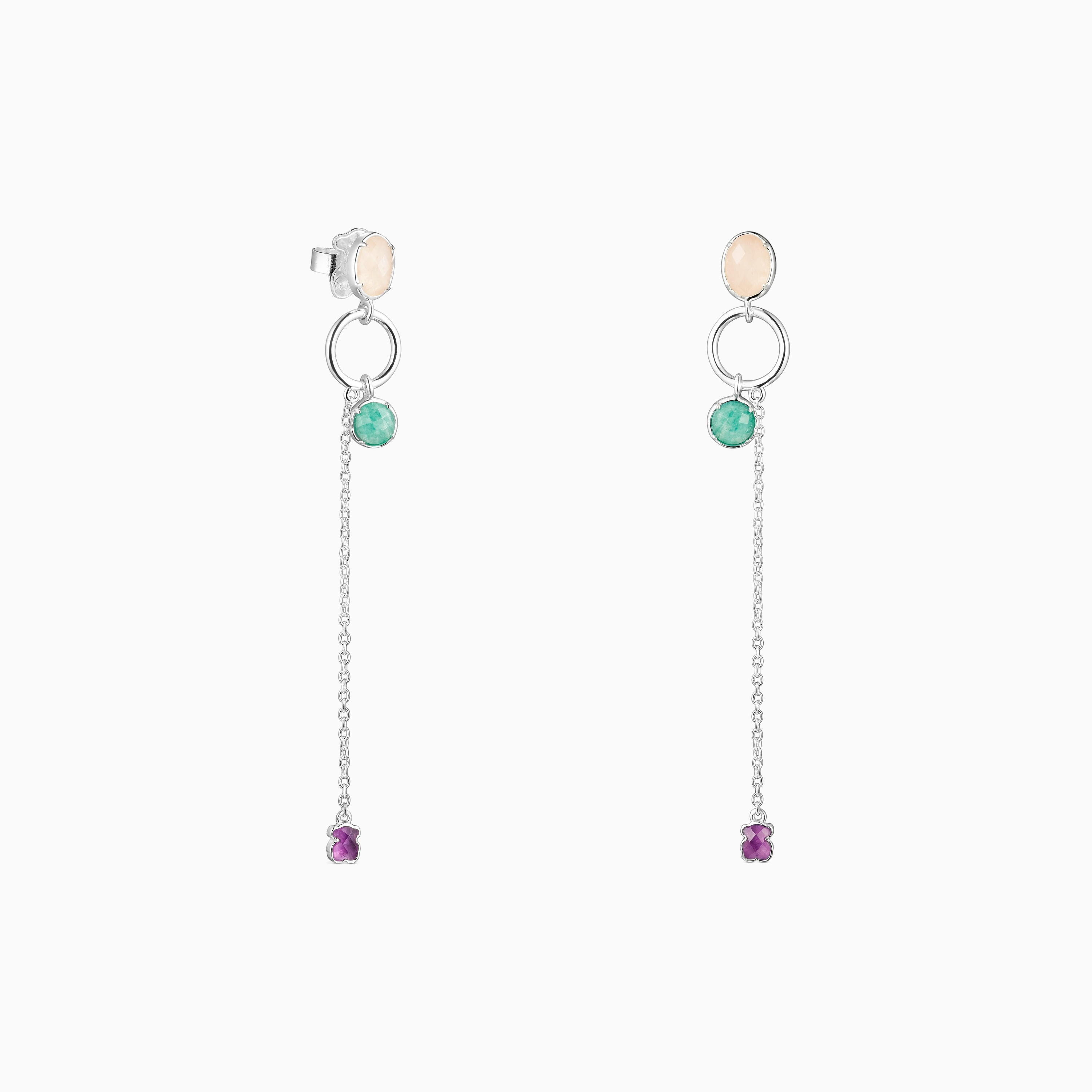 Long Silver and Gemstones Cool Color Earrings