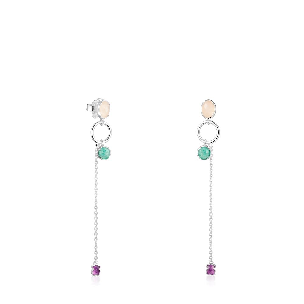 Long Silver and Gemstones Cool Color Earrings