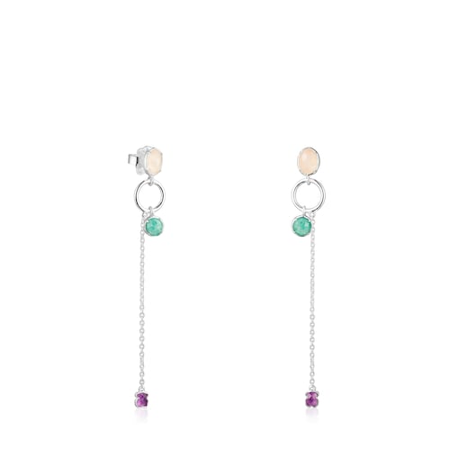 Pendientes largos de plata y gemas Cool Color
