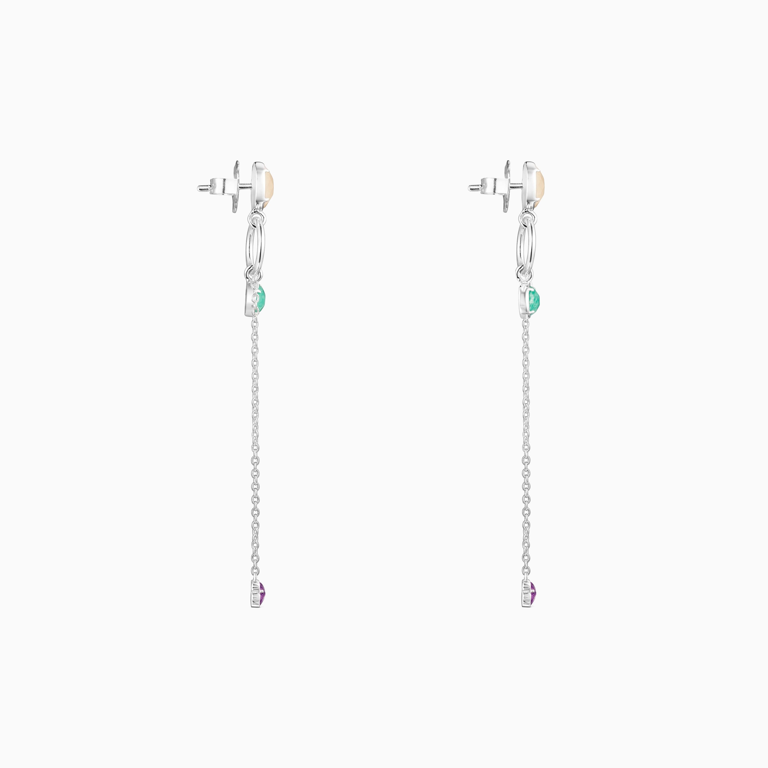 Long Silver and Gemstones Cool Color Earrings