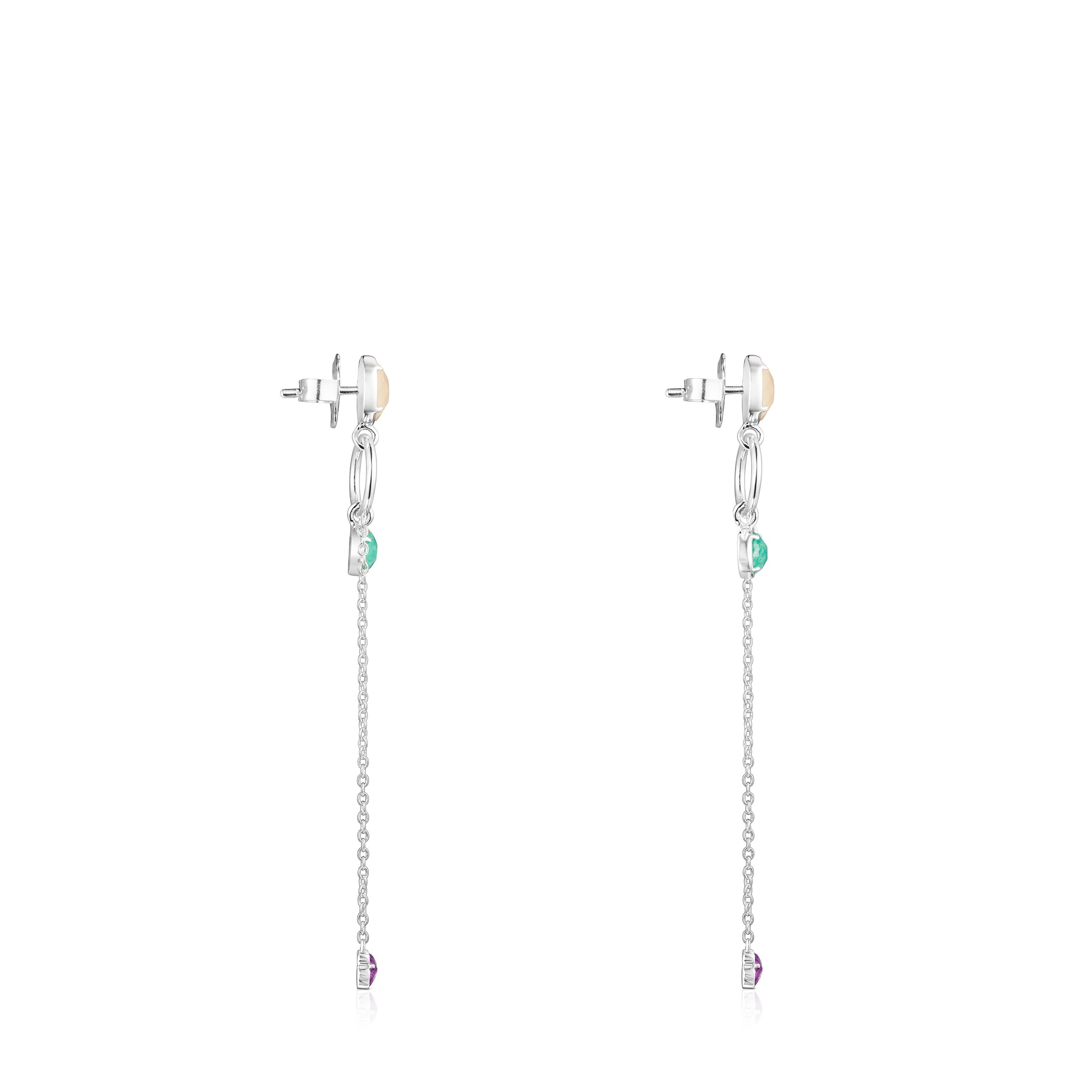 Long Silver and Gemstones Cool Color Earrings