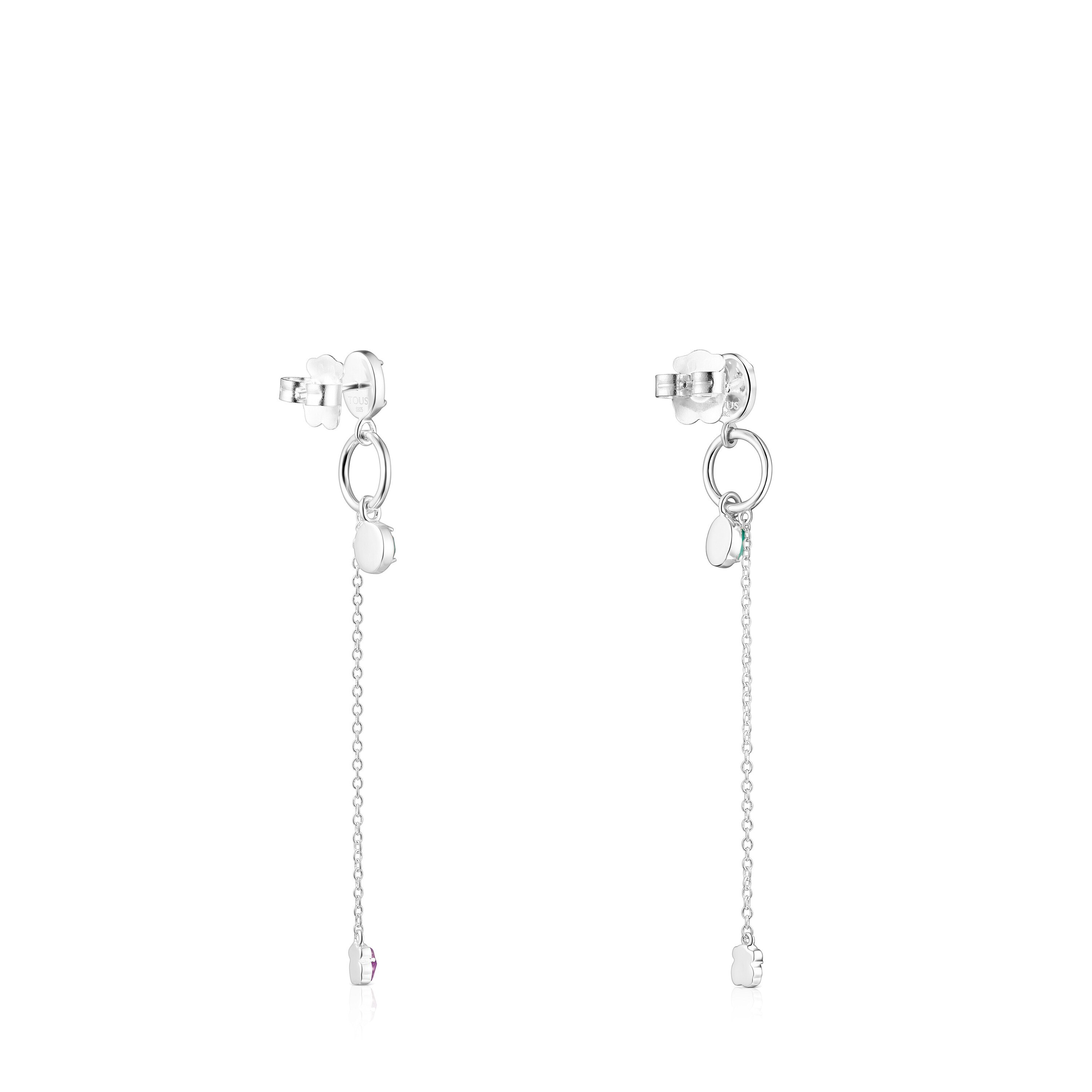 Long Silver and Gemstones Cool Color Earrings