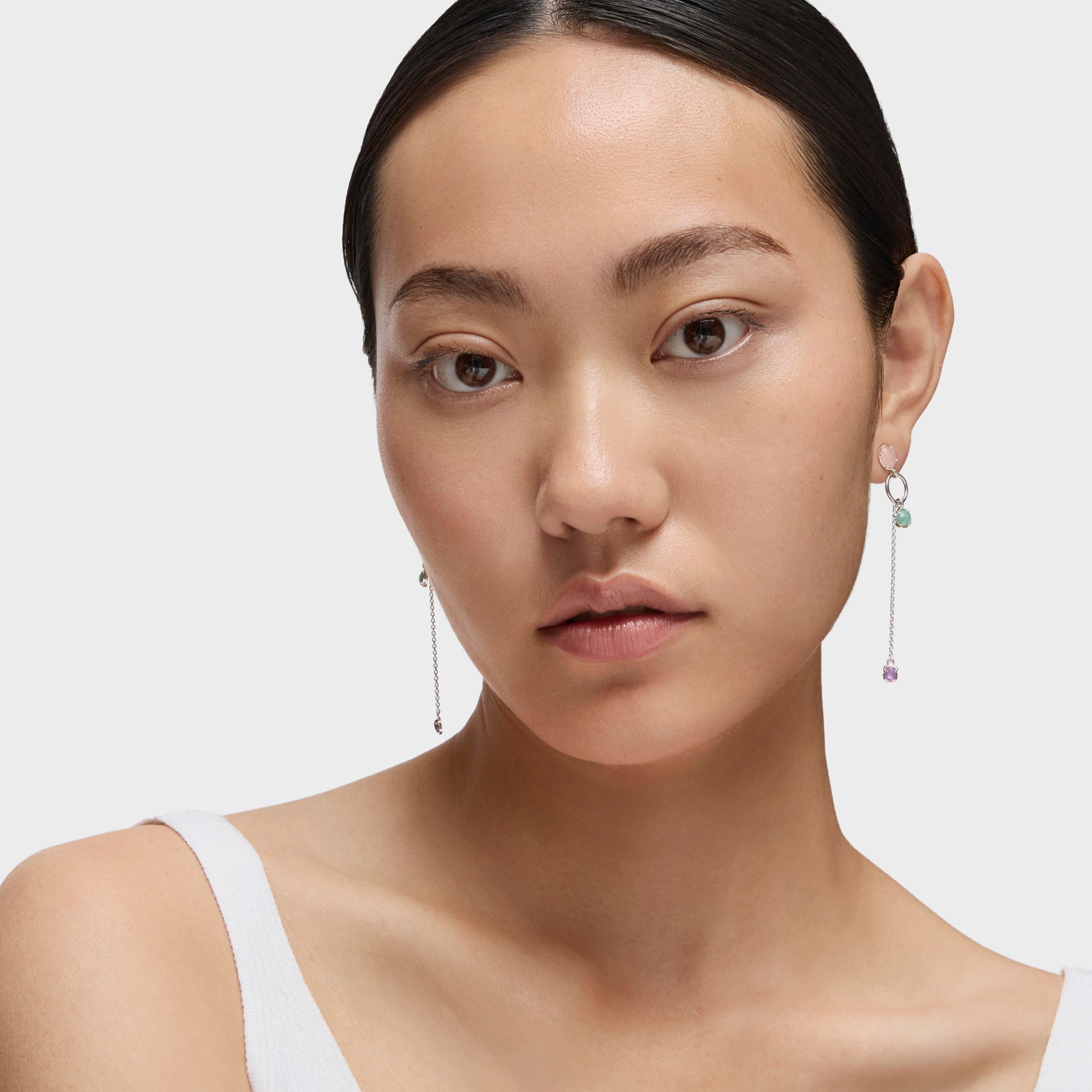 Long Silver and Gemstones Cool Color Earrings