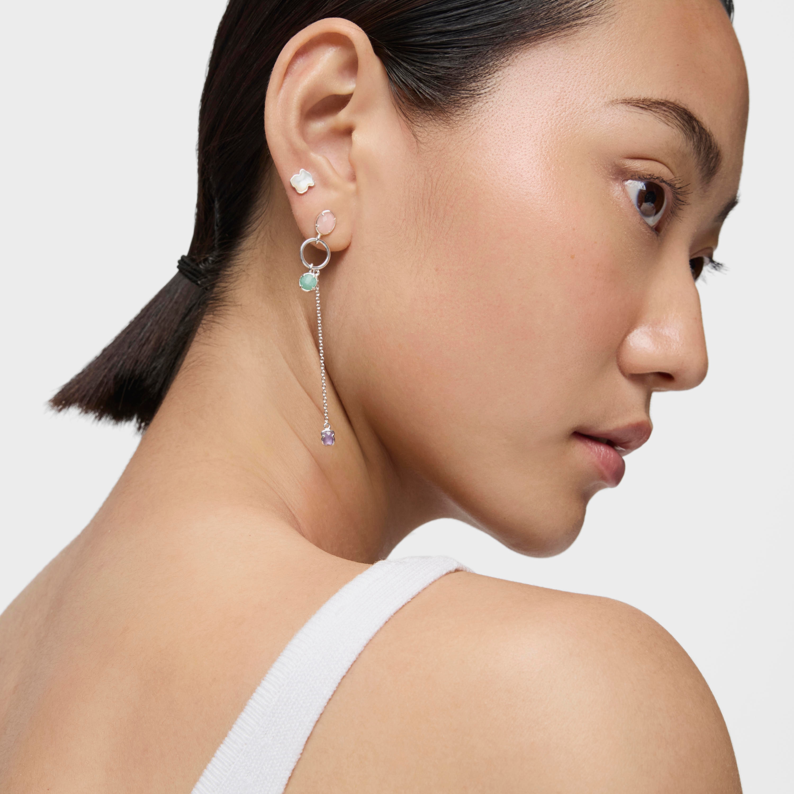 Long Silver and Gemstones Cool Color Earrings