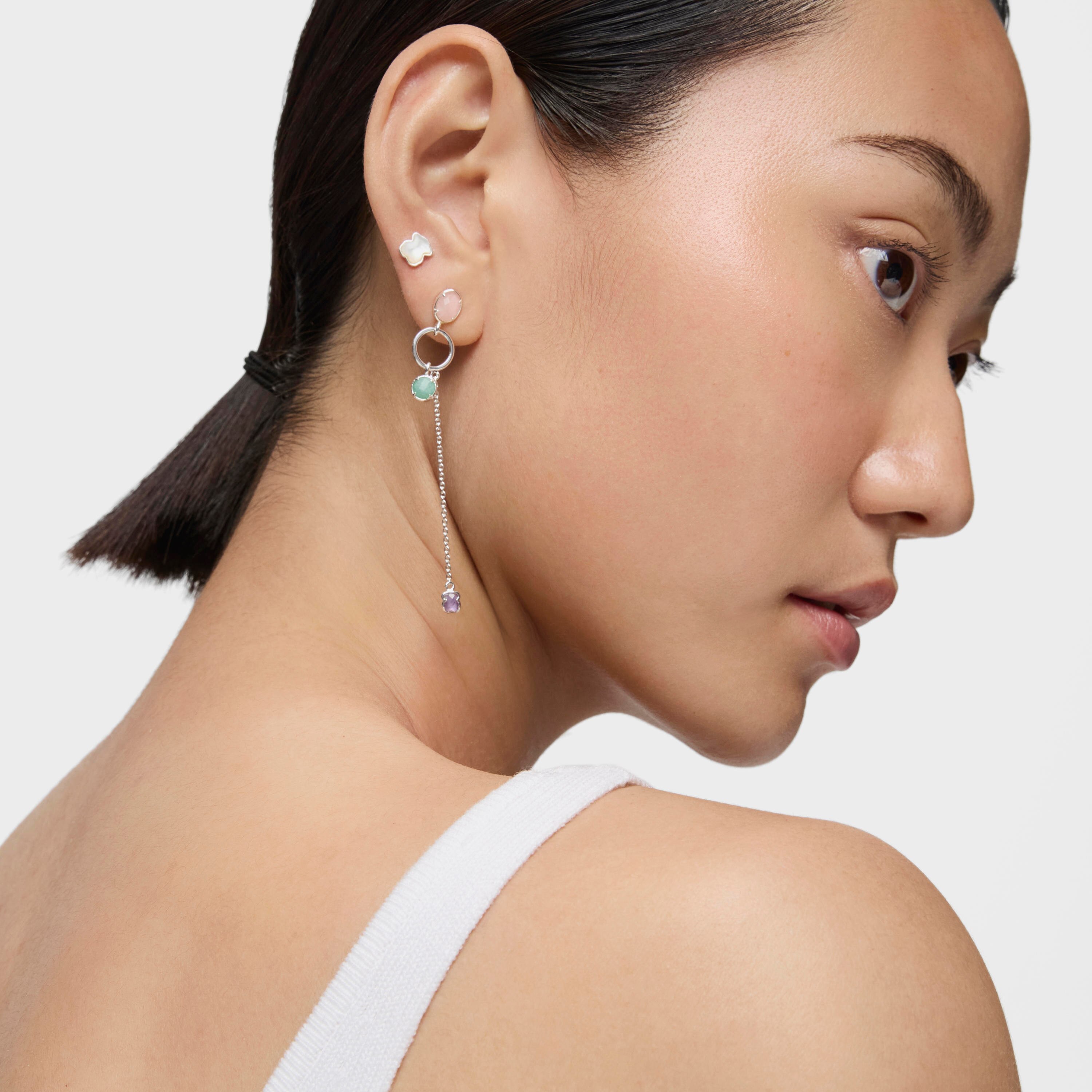 Long Silver and Gemstones Cool Color Earrings