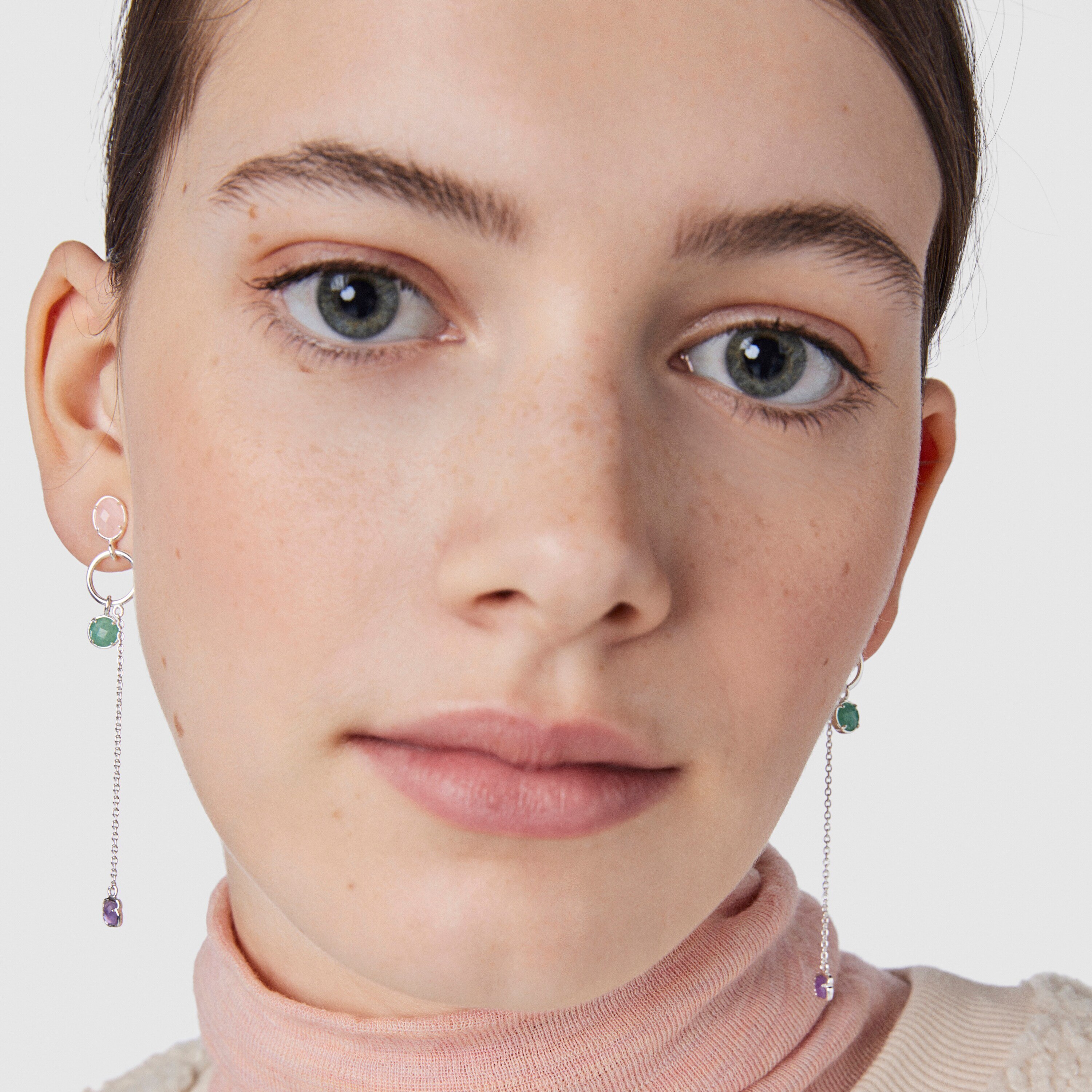 Long Silver and Gemstones Cool Color Earrings