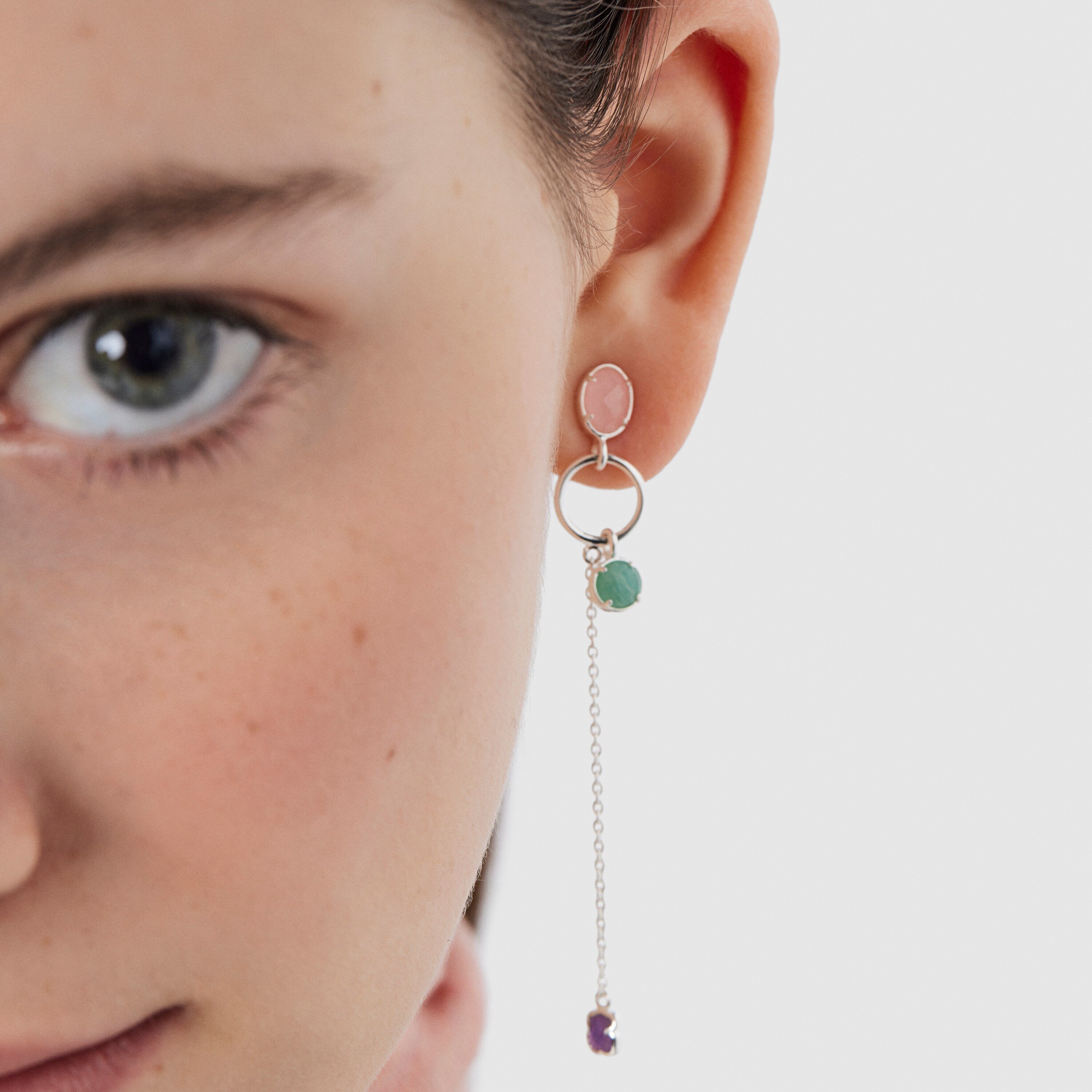 Long Silver and Gemstones Cool Color Earrings