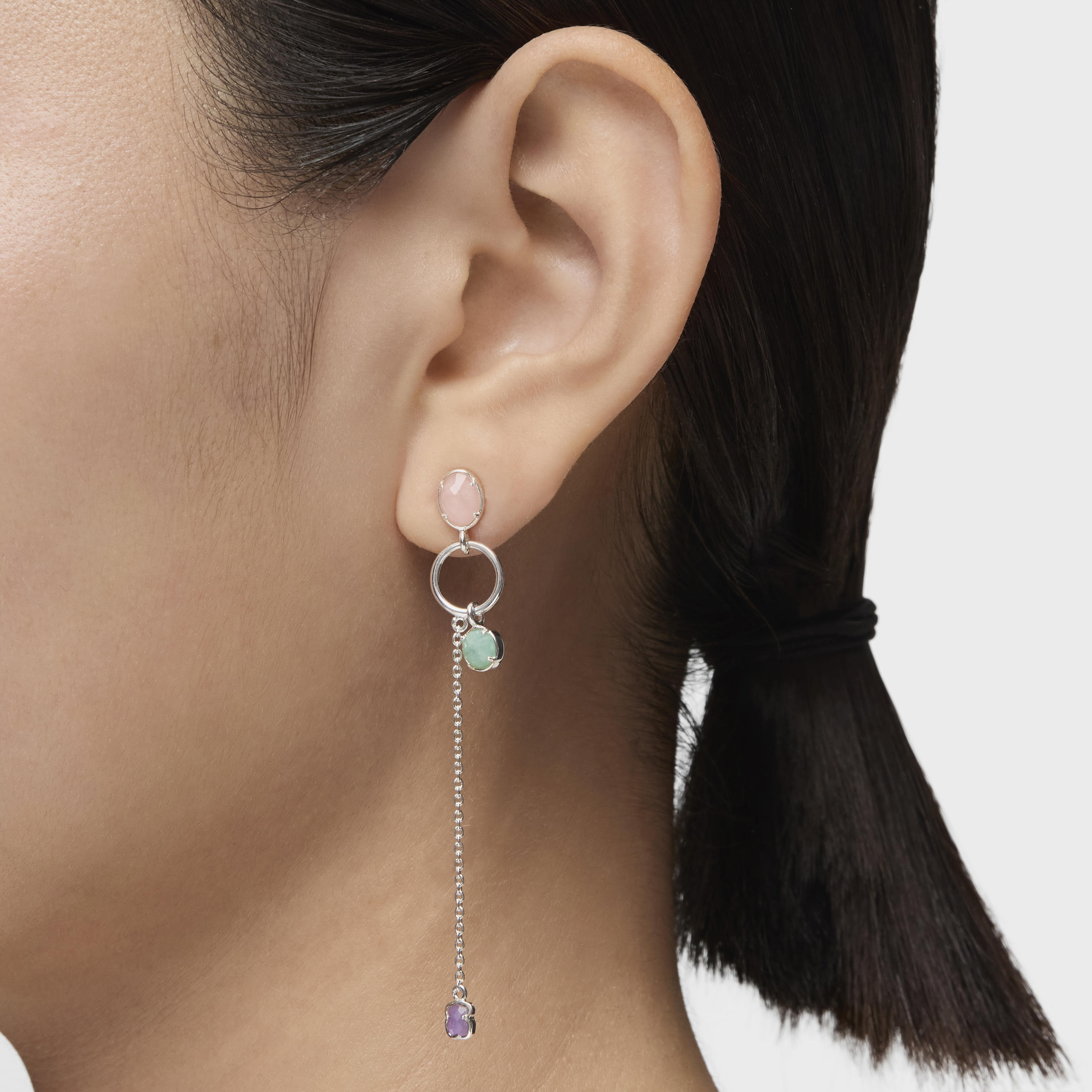 Long Silver and Gemstones Cool Color Earrings