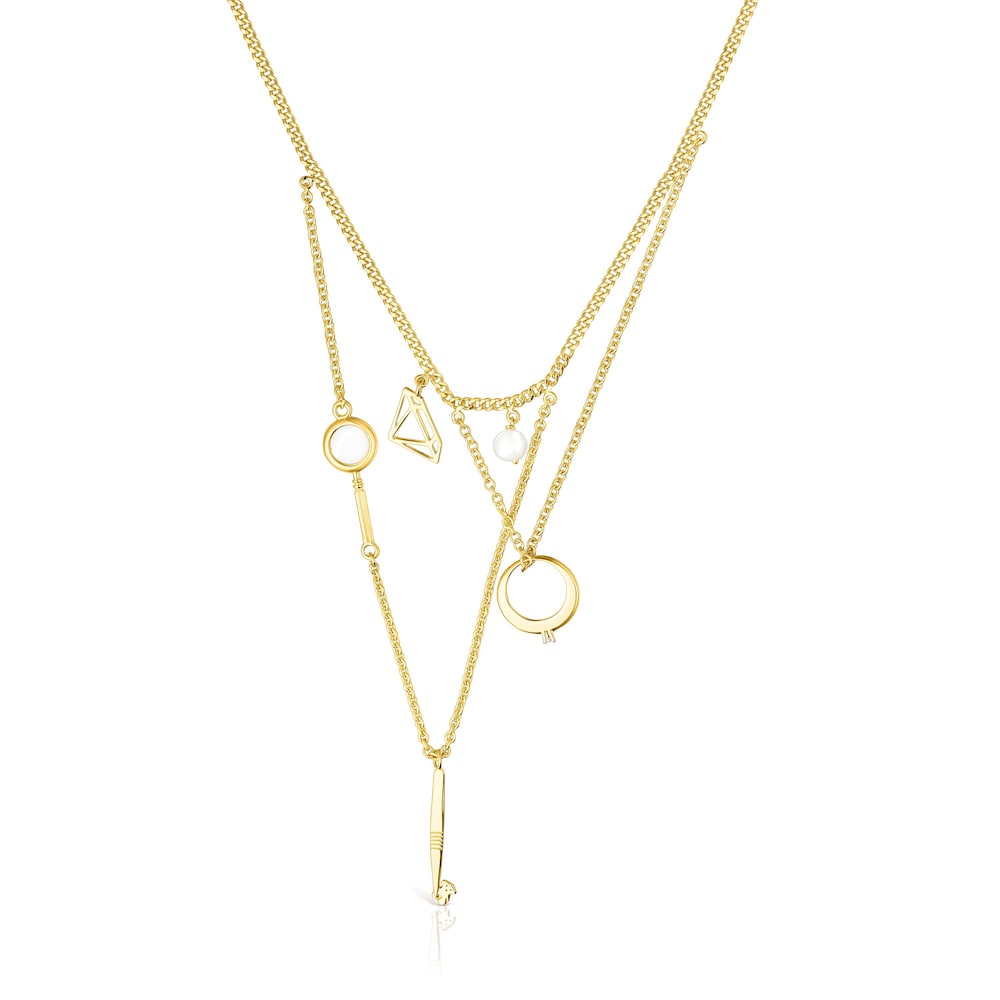 Collar Job cadenas con ba&ntilde;o de oro 18 kt sobre plata, topacio y perla