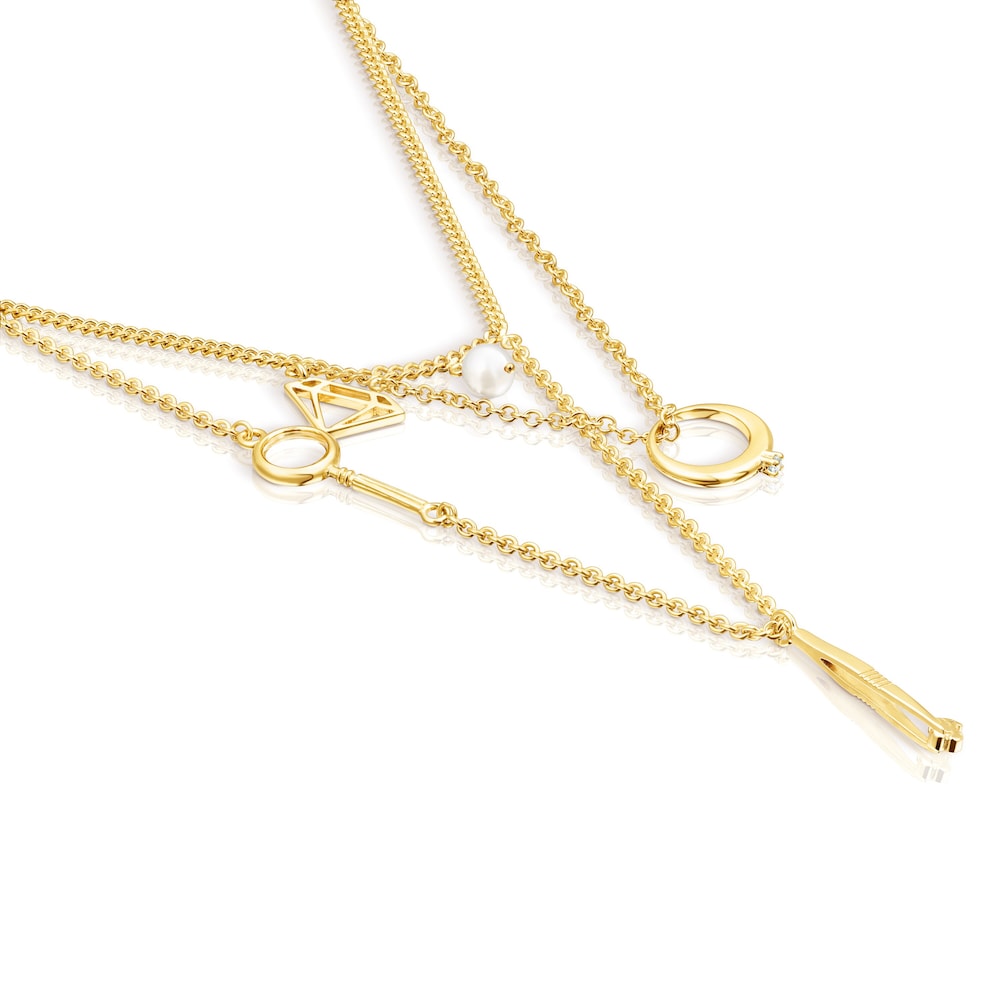 Collar Job cadenas con ba&ntilde;o de oro 18 kt sobre plata, topacio y perla