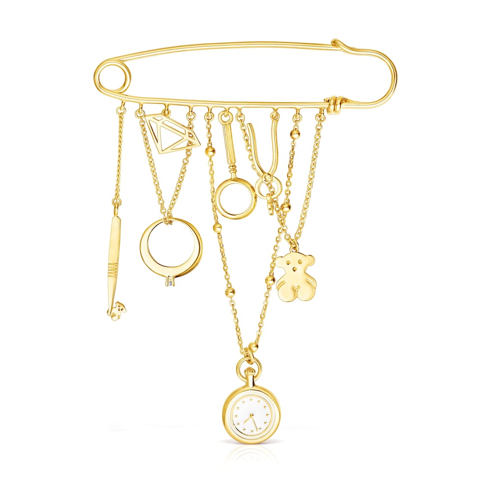 Imperdible con ba&ntilde;o de oro 18 kt sobre plata y colgantes de herramientas de joyero Job