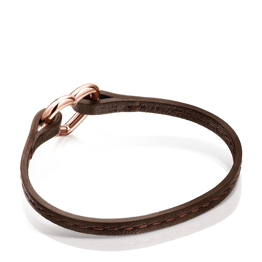 Pulsera Hold coraz&oacute;n con ba&ntilde;o de oro rosa 18 kt sobre plata y Cuero marr&oacute;n