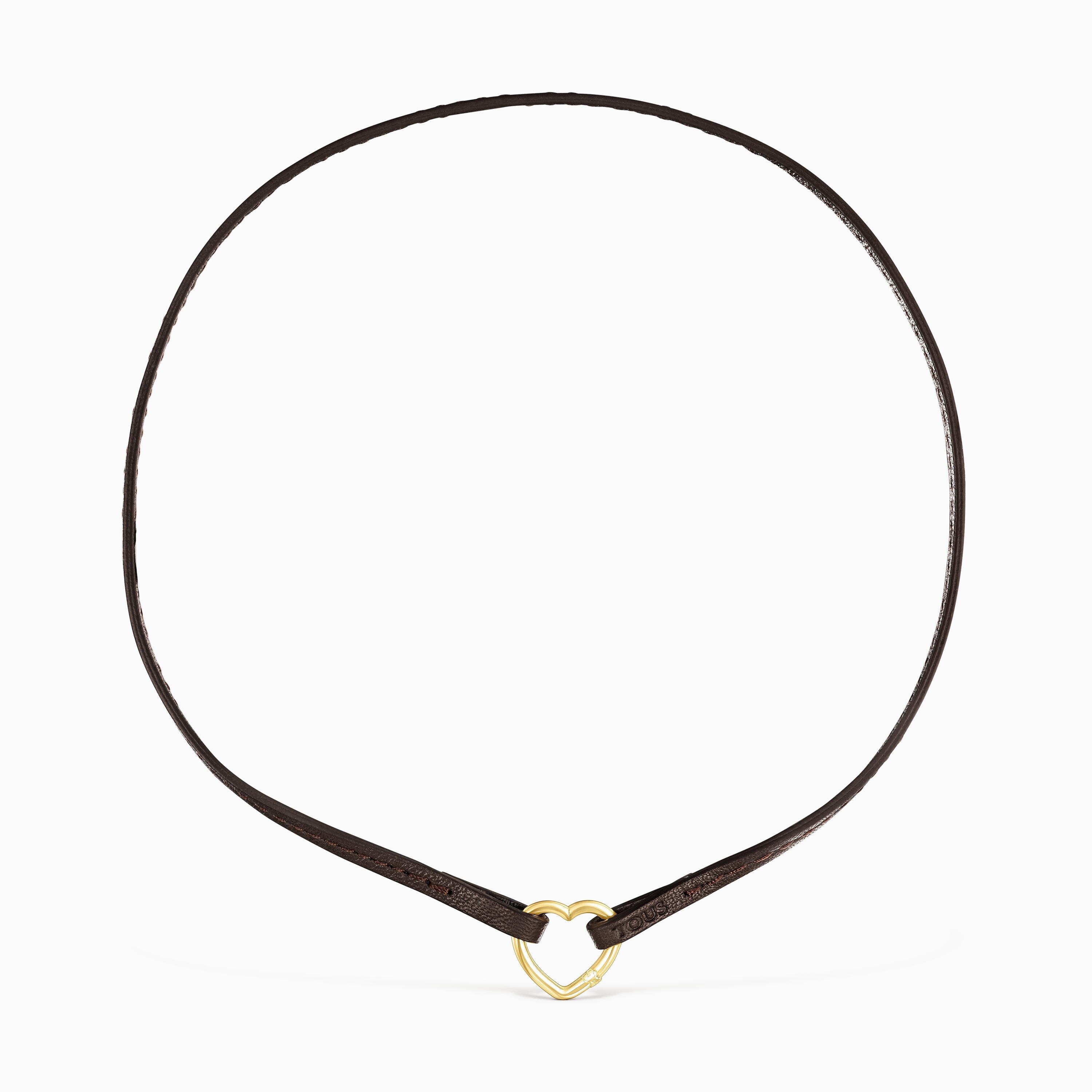 Hold 18K Solid Gold heart and brown Leather Necklace | TOUS
