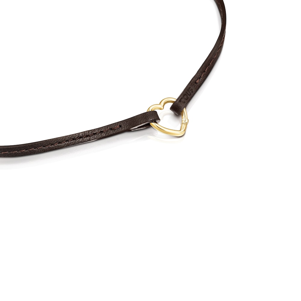 Hold Gold heart and brown Leather Necklace image number 1