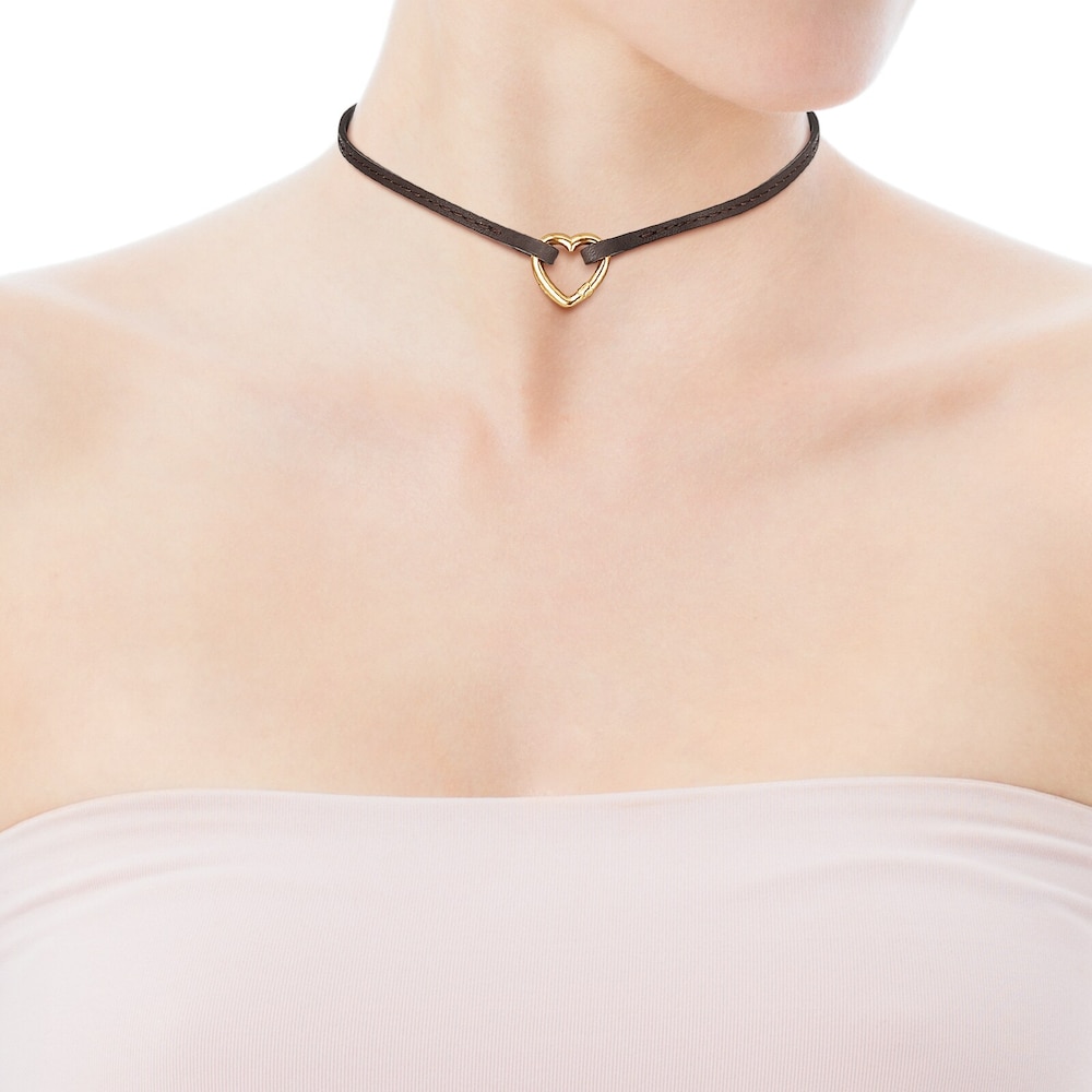 Hold Gold heart and brown Leather Necklace image number 3