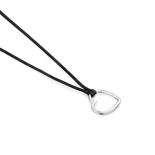 Long Hold heart Necklace in Silver and black Leather