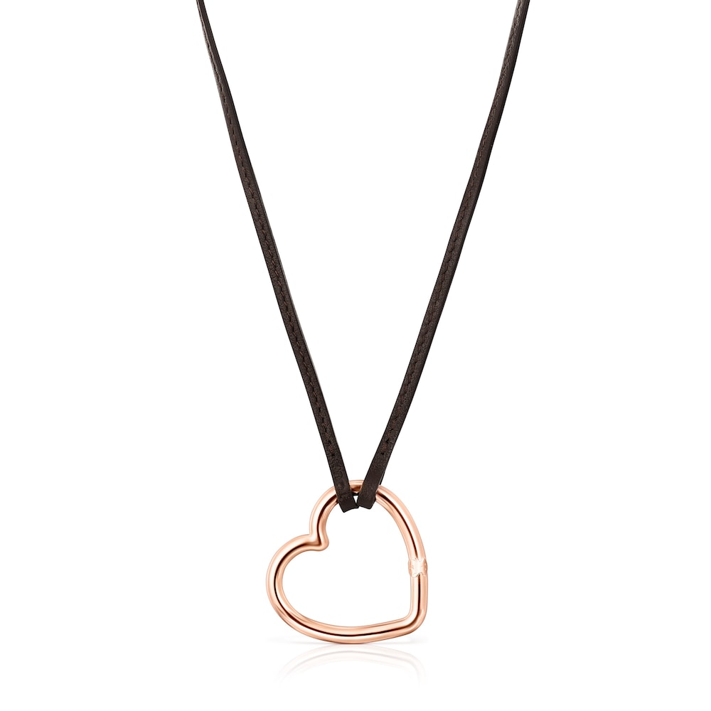 Collar largo corazón con baño de oro rosa 18 kt sobre plata y cuero marrón Hold image number 0