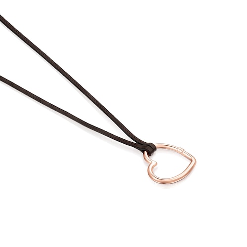 Long Hold heart necklace in Rose Vermeil and brown Leather