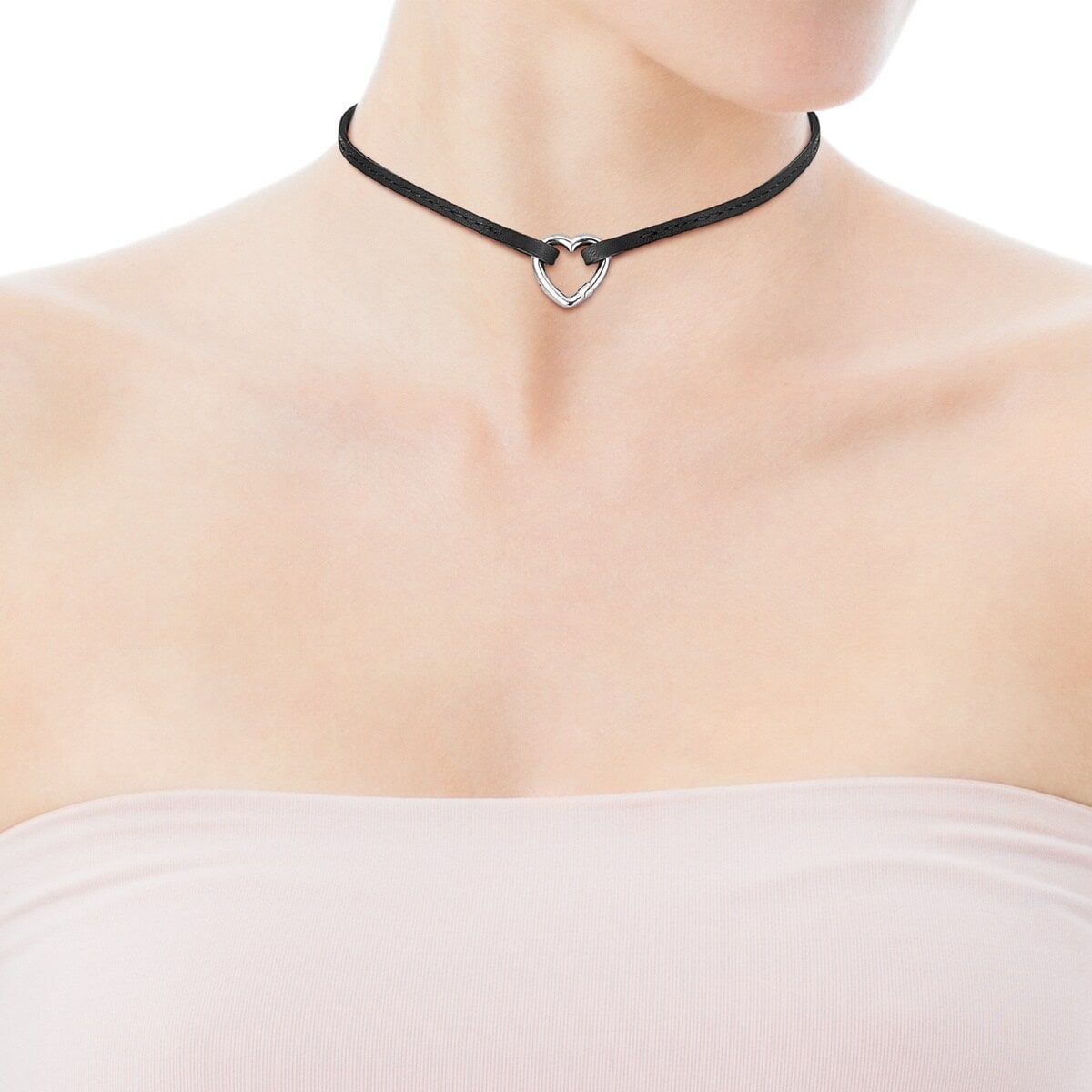 TOUS Hold heart Necklace in Silver and black Leather