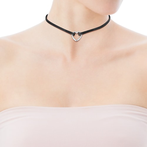 TOUS Hold heart Necklace in Silver and black Leather