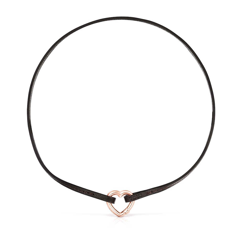 Hold heart Necklace in Rose Vermeil and brown Leather image number 0
