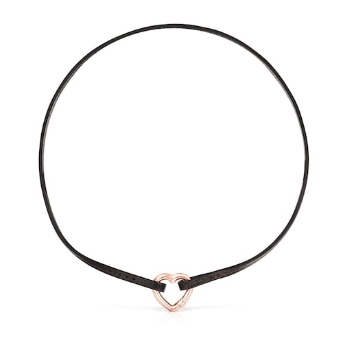 Hold heart Necklace in Rose Vermeil and brown Leather